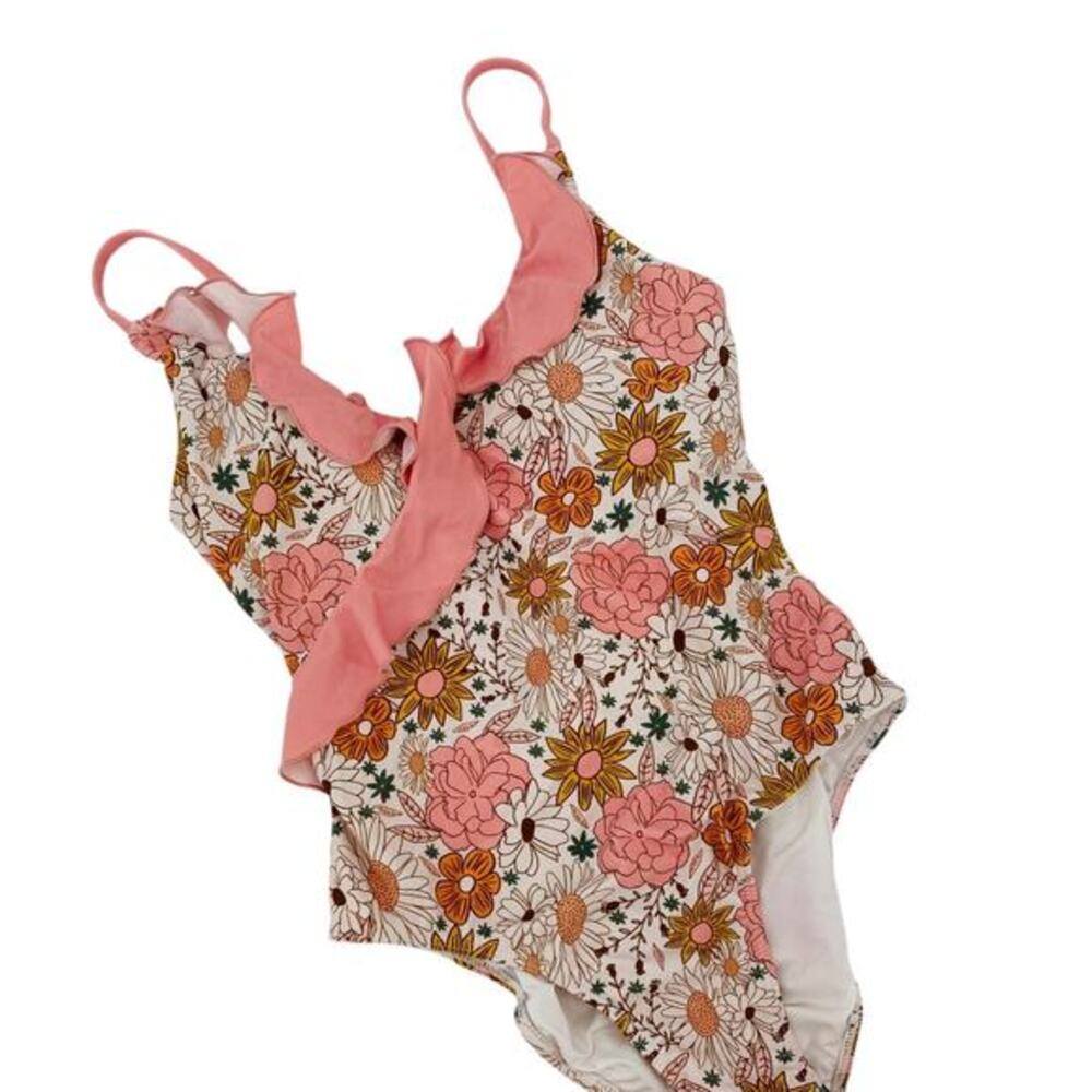 Caden‎ lane pink floral ruffle one piece swimsuit